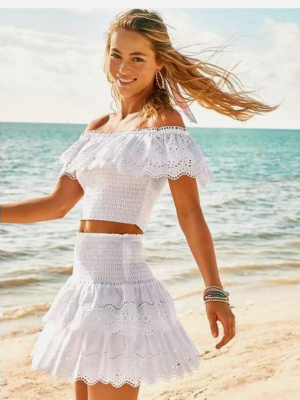 Lilly Pulitzer Womens Brexley White Eyelet Skirt Set Ocean Waves Size XL Coastal
